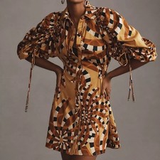 Farm Rio Banana Printed Puff Sleeve Buttondown Mini Dress