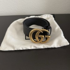 Gucci GG Marmont Black Leather Belt with Antiqued Brass Double G Buckle Unisex