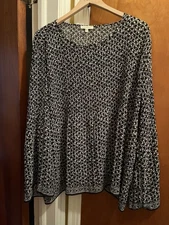 Pretty All Season Pleated MAX STUDIO Black Patterned Long Sleeve Blouse Sz 2X