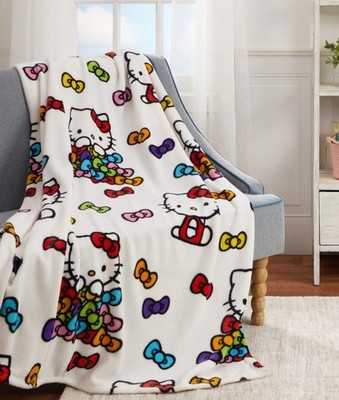HELLO KITTY SILK TOUCH THROW WHITE Rainbow Pink Red Blue BOW TIES