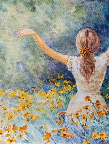 Yellow Daisy, Watercolor painting, Women, Contemporary, 11"x14",US - Picture 1 of 3