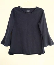 Talbots Blouse Top Dark Blue Round Neck Flounce Sleeves 100% Cotton Casual Small