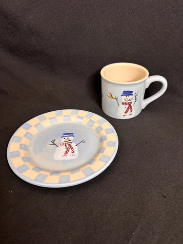Hartstone Pottery Blue Snow People Snowman Mug Coffee Cup & Salad Dessert Plate