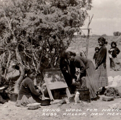 c.1940 RPPC Gallup NM Native American Women Navajo Rugs Dying Wool Artisans