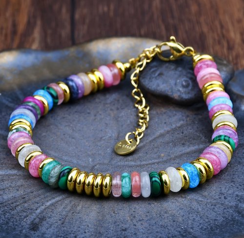 Natural Stone Blue Gold Plated Beaded Waterproof Bracelet Bangle-Stainless Steel - Picture 10 of 19