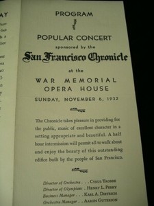 San Francisco War Memorial Opera House Popular Concert Program, 1932. 