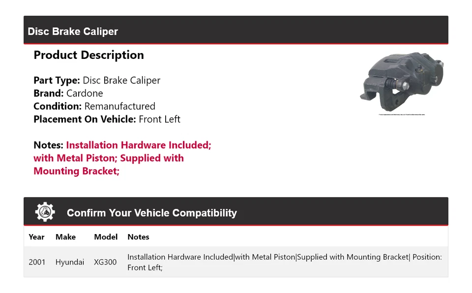 Pinza de freno de disco delantera izquierda cardone para Hyundai XG300 2001 Foto 2 de 4