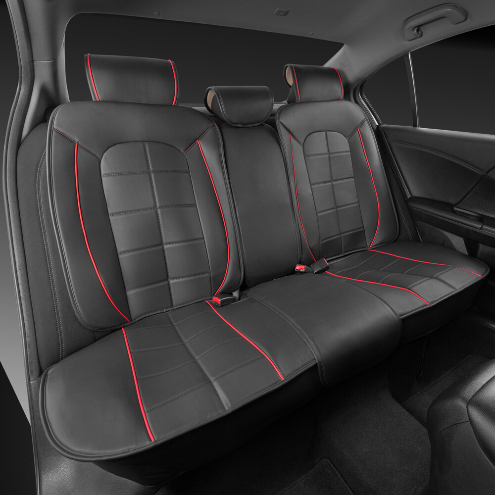Motor Trend Black Leather Rear Bench Seat Cushion Cover for Cars - Red Trim