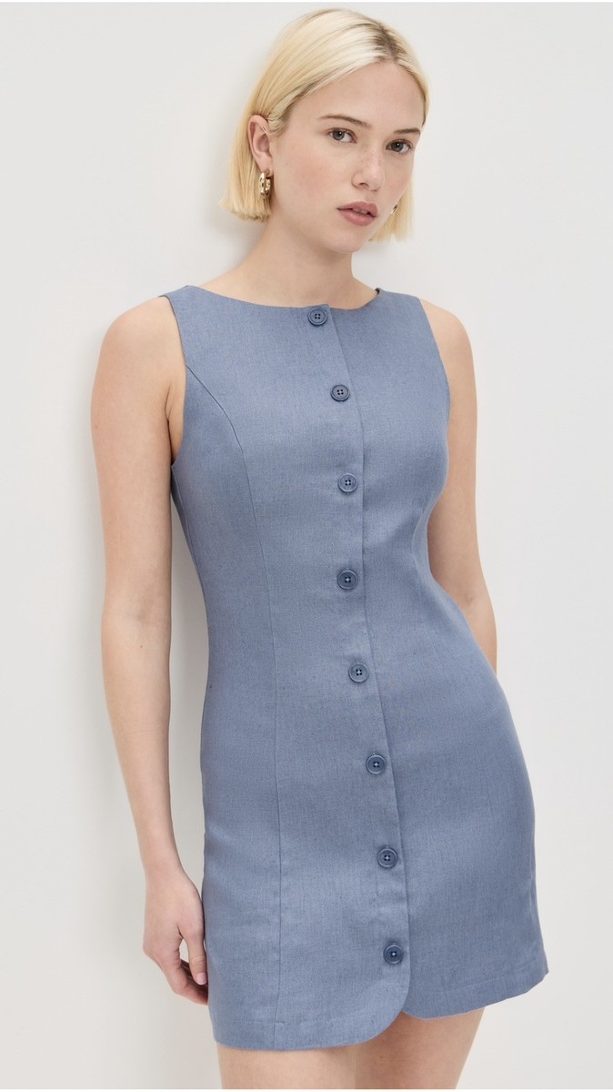 womens blue linen dress Navy Linen Maxi Dress with Button Back