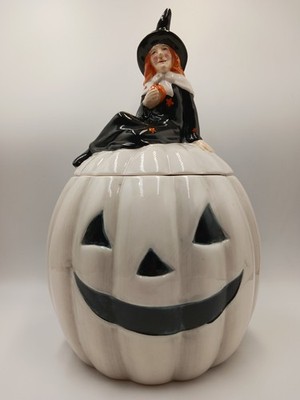 BEAUTIFUL Black White HALLOWeen WITCH PUMPKIN JACK O LANTERN Cookie Jar