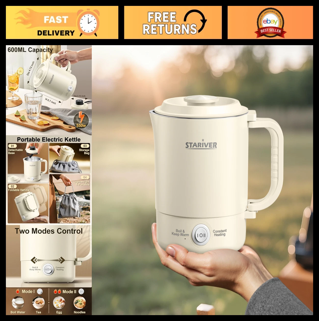Portable Travel Kettle 600ML, Compact Electric Kettle with Foldable Handle, Food
