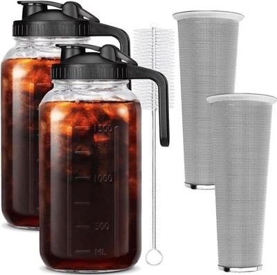 2 Set 64 oz 2 Quart Black Cold Brew Coffee Maker Iced Tea Machines Thick Glass