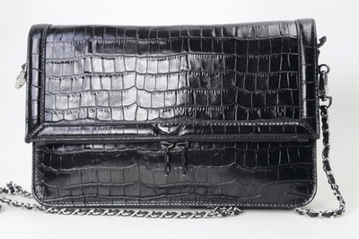 Zadig Voltaire Bag Rock Crossbody Clutch Black Leather Croco Embossed Chain Flap