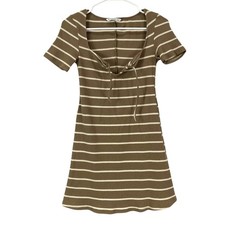 STRADIVARIUS Brown White Stripe Ribbed Square Neck Short Sleeve Mini Dress Sz M