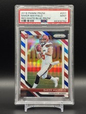 2018 Panini Prizm Baker Mayfield Red/White/Blue Prizm Rookie Card #201 PSA 9. rookie card picture