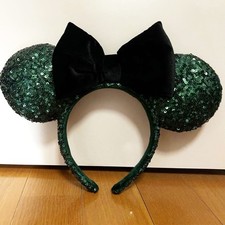 Disney- Parks Green Sequin Minnie Mouse Ears with Black Velvet Bow Headband