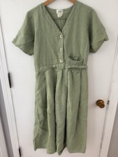 VTG Flax Angelheart Small Green 100% Linen Midi Dress Lagenlook Buttons Pockets
