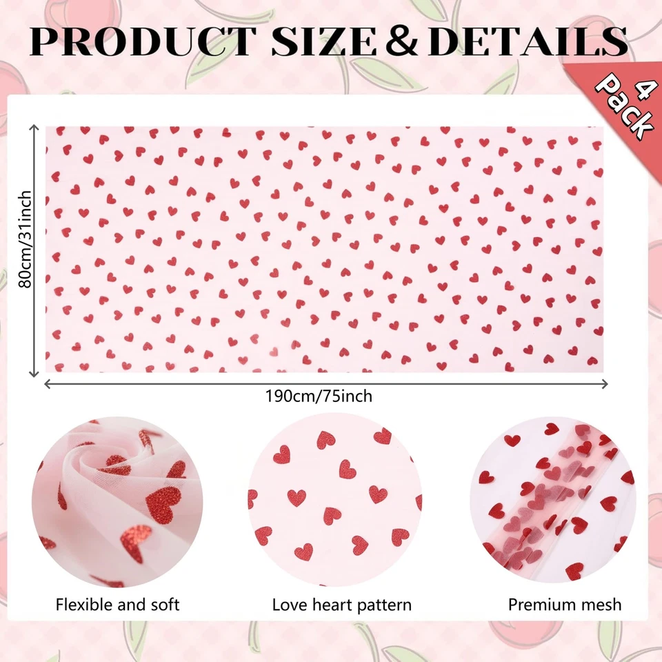 4 Pcs Pink Tulle Table Runner 31x75 Inch with Red Hearts, Sheer Lace Tableclo... - Image 3 of 4
