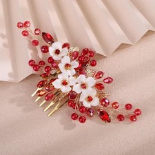 Flower Bride Wedding Hair Comb Crystal Bridal Red Rhinestone Pearl Headpiece