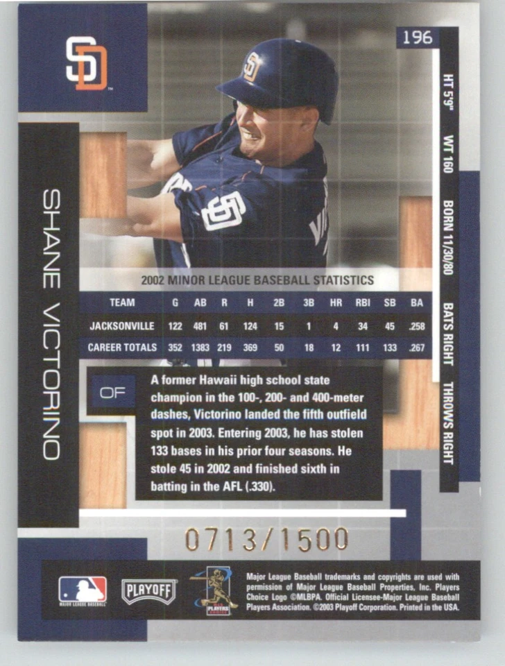 2003 Playoff Absolute Memorabilia #196 Shane Victorino #/1500 - Image 2 of 2