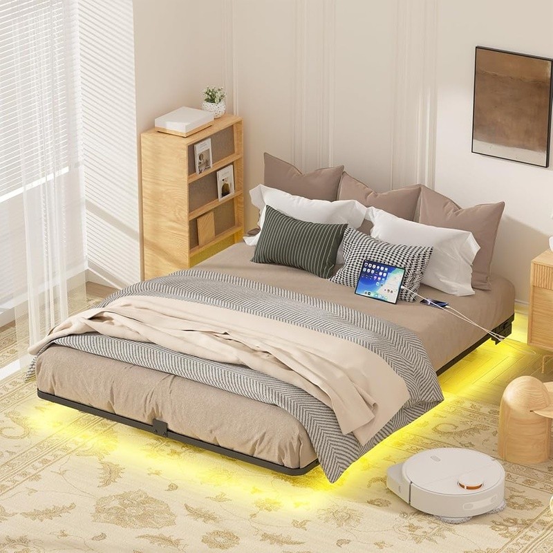 Modern LED Floating Bed Frame with Charging Station