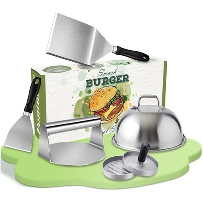 Smash Burger Set 5-tlg Edelstahl Grillspachtel Grillglocke Patty Maker