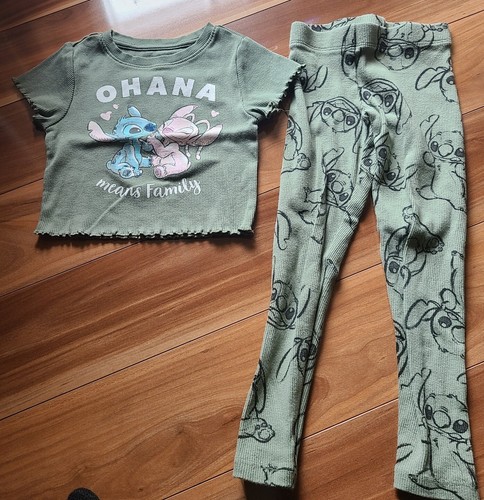 Disney Stitch crop top leggings set XS 4/5 Ohana Means Family Angel little girl - Picture 1 of 3