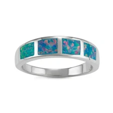 Sterling Silver Blue Green Fire Inlay Opal Squares Ring