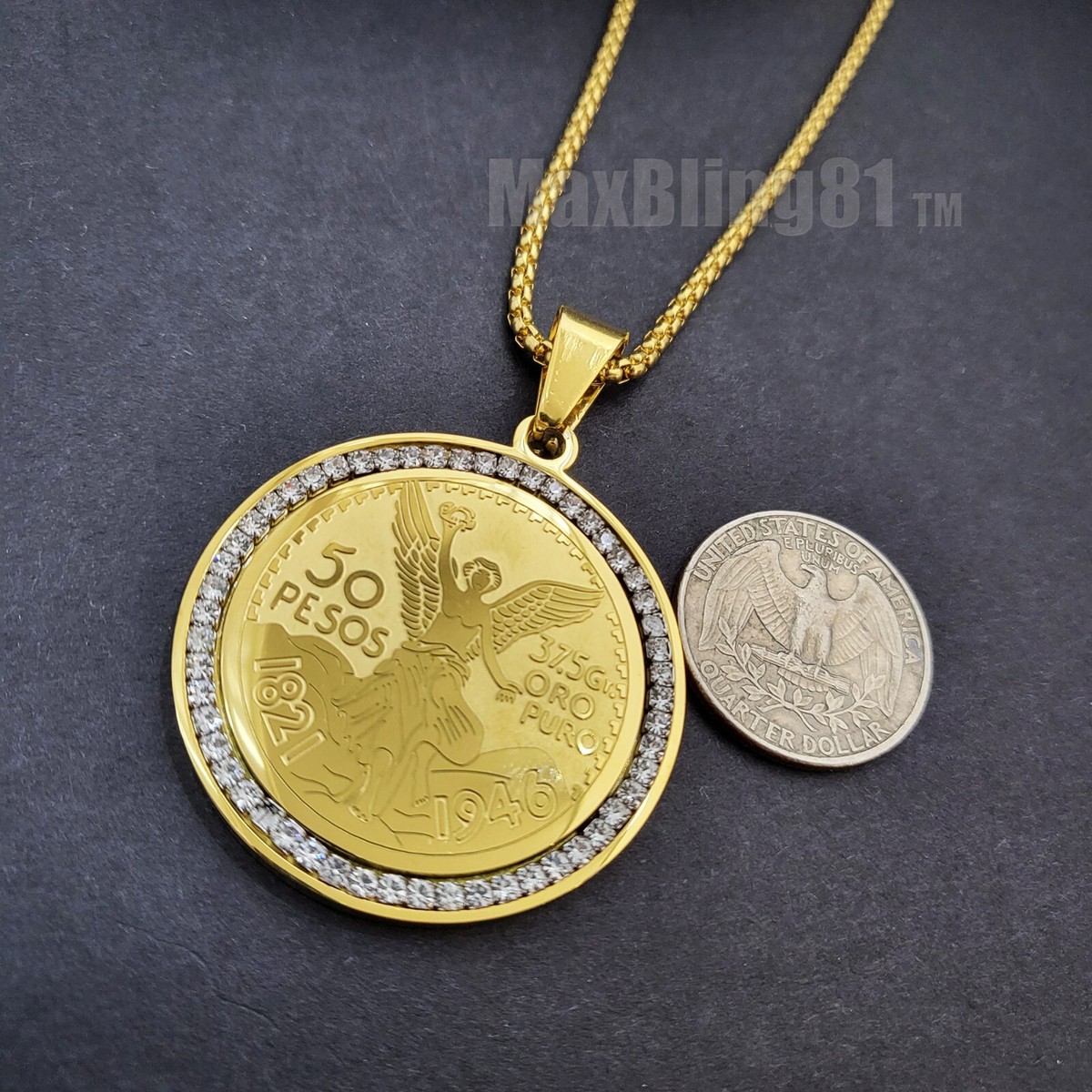 Hip Hop Mexican Coin Pendant - 50 Pesos Centenario Stainless Steel CZ Charm Necklace