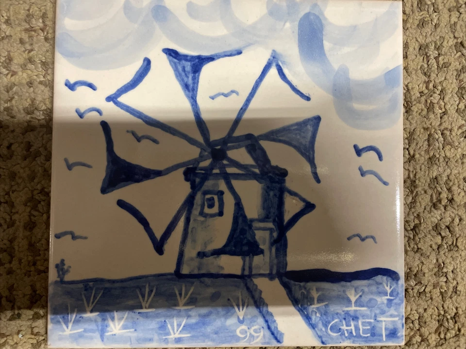 Vintage Portuguese Blue White Handpainated Windmill Ceramic Tile 6" x 6" Foto 2 de 3