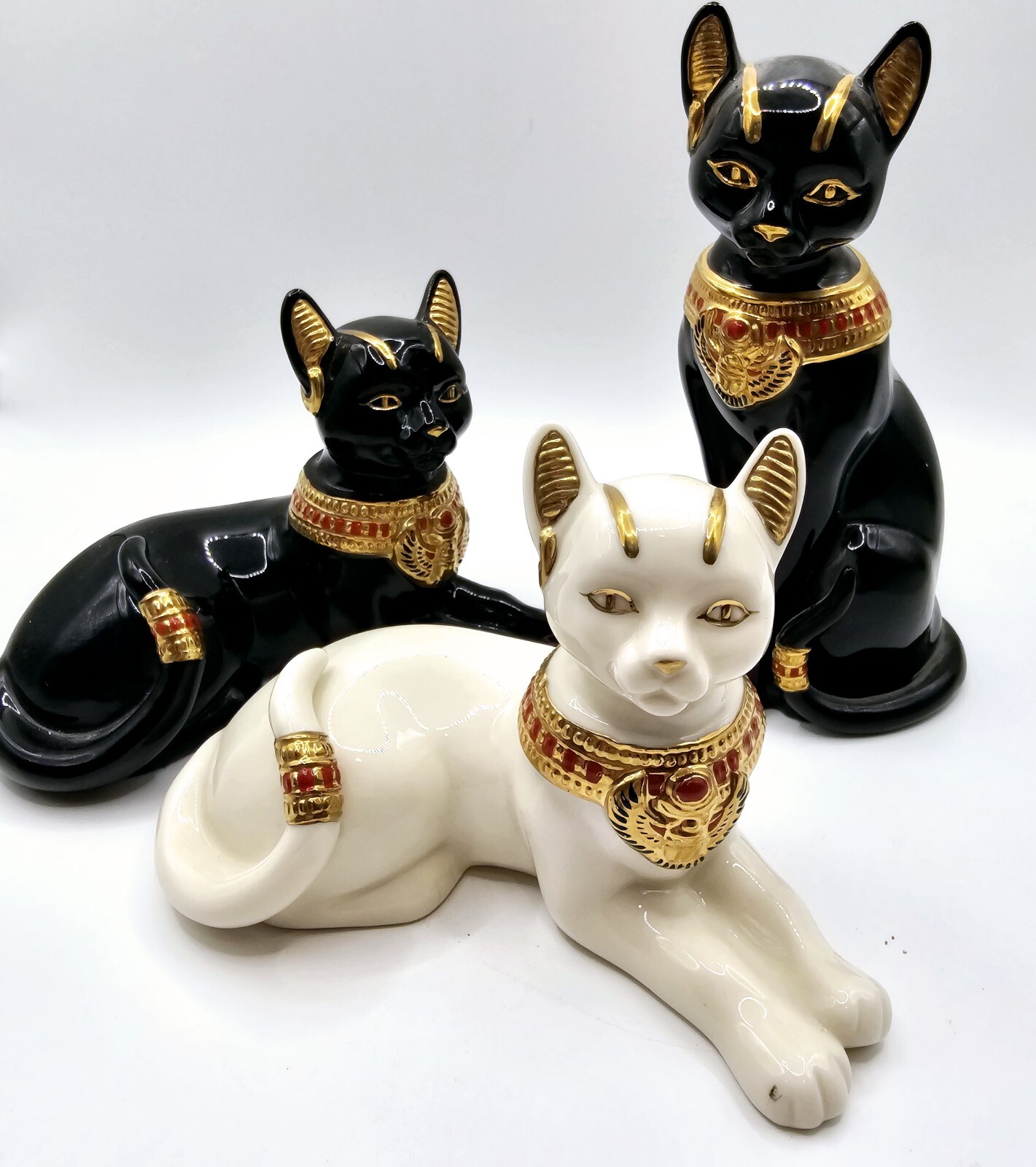 VTG Lenox Bastet’s Egyptian Goddess Black & White Cats Figurines 24 K Gold Trim