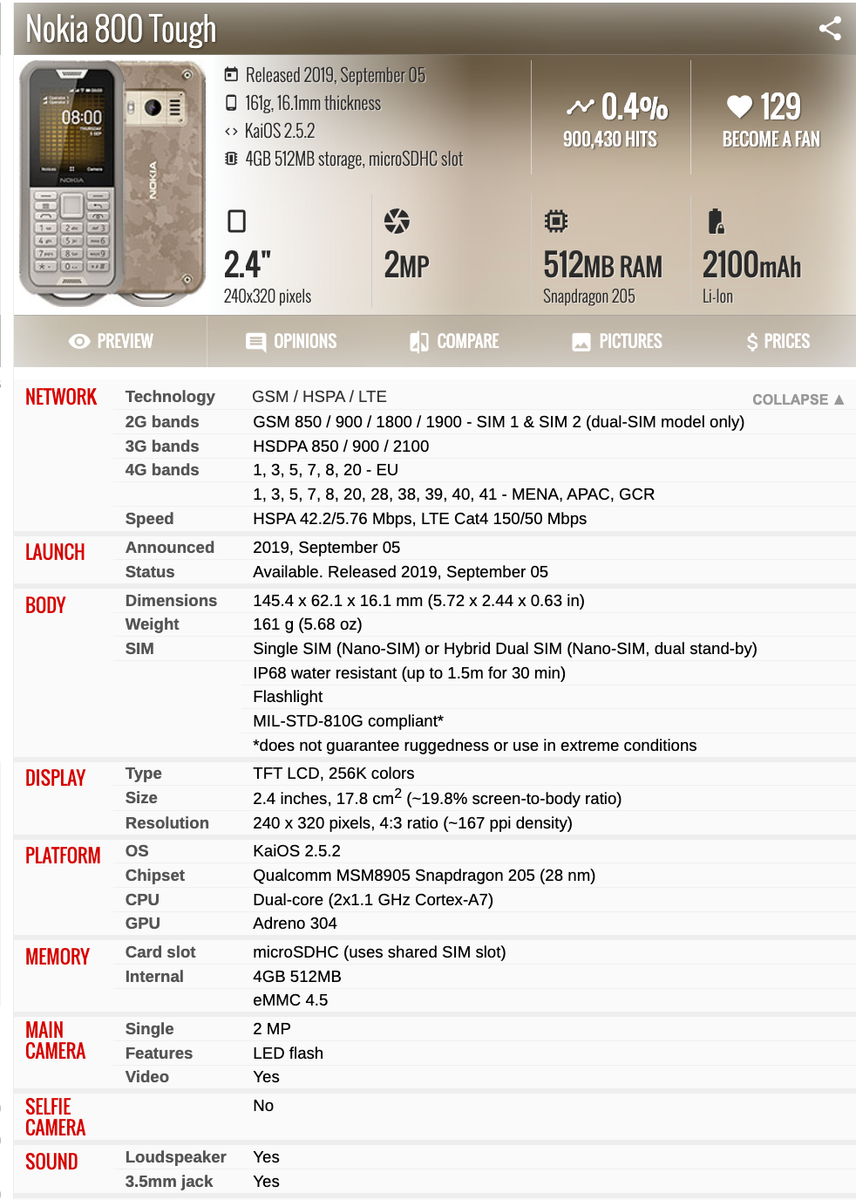 Nokia 800 Tough 4G LTE Unlocked GPS WIFI Original 2.0MP Camera