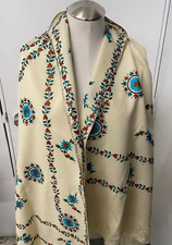 New Wool Embroidered Kashmiri Shawl Stole Wrap Scarf Beige Floral Leaves Cream