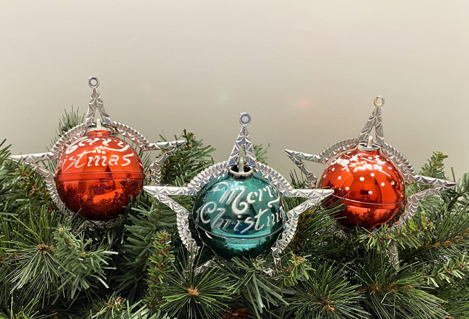 3 Vintage Bradford Plastic Embellished Flocked Christmas Bulbs Circa