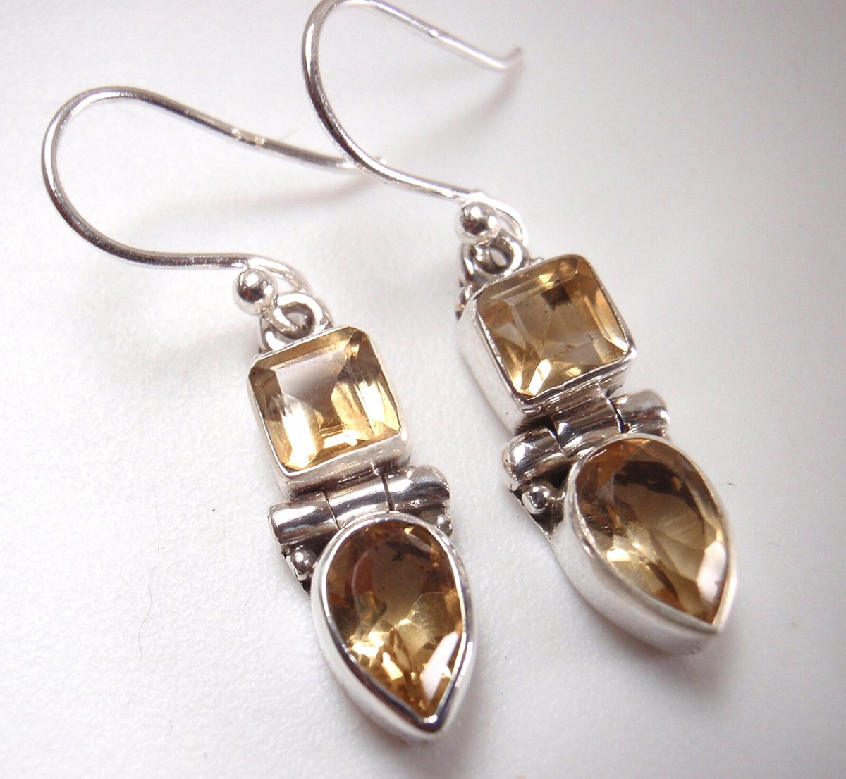 Faceted Citrine Square 925 Sterling Silver Dangle Two-Gem Earrings