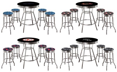 MLB 5PC Set Black Chrome Bar Table Team Logo Decal Fabric Seats Glass Top Option