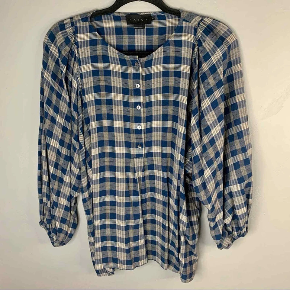 HATCH The Rose Top Blue Plaid Babydoll Blouse Size 0 (XS) - Image 3 of 4