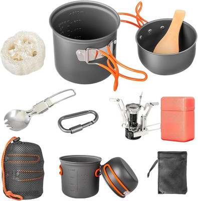 Camping Cookware Set with Stove, Portable Camping Mess Kit with Non-Stick Pots