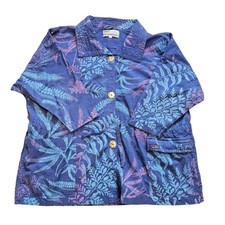 Vtg Global Kiwis Jacket Size L Blue Floral Hawaiian Oversized Boho Tropical