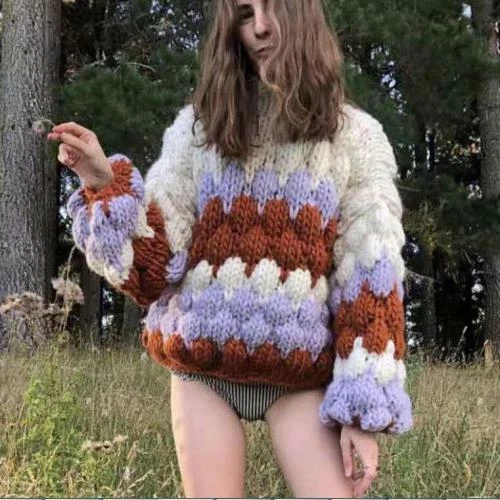 Hot Women Fashion Multicolor Pullover Loose Handmade Knitted Sweater Cardigan