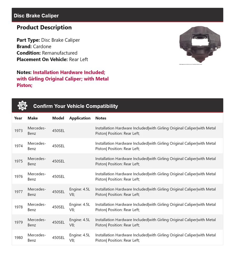 Pinza de freno de disco trasera izquierda cardone 1974 para Mercedes-Benz 450SEL 1973-1980 Foto 2 de 4