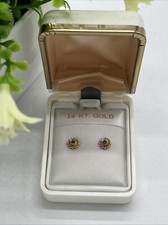 14K Gold Petite Sunflower Stud Earrings With Green Stone GORGEOUS