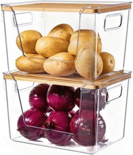 2 Set Pantry Organizers and Storage with Bamboo Lids, Stackable Clear Bins fo...