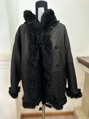 Vintage 80er Jahre Mantel Shearling Coat Schwarz Oversize Echtleder Fell