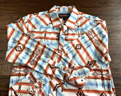 Rock & Roll Cowboy Aztec Theme Pearl Snap Shirt Men's L