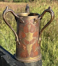 Antique Arts & Crafts St Louis Silver Co Oak & Brass 10" Decorative Vase Urn