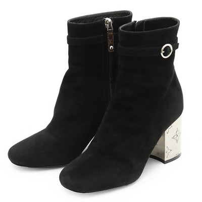LOUIS VUITTON Ankle Boots Size 35 1/2 Women Monogram Heel Suede Black Silver