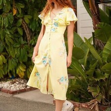 Urban Outfitters Heart Melter Dress Small Yellow Floral Midi Coquette Ruffle