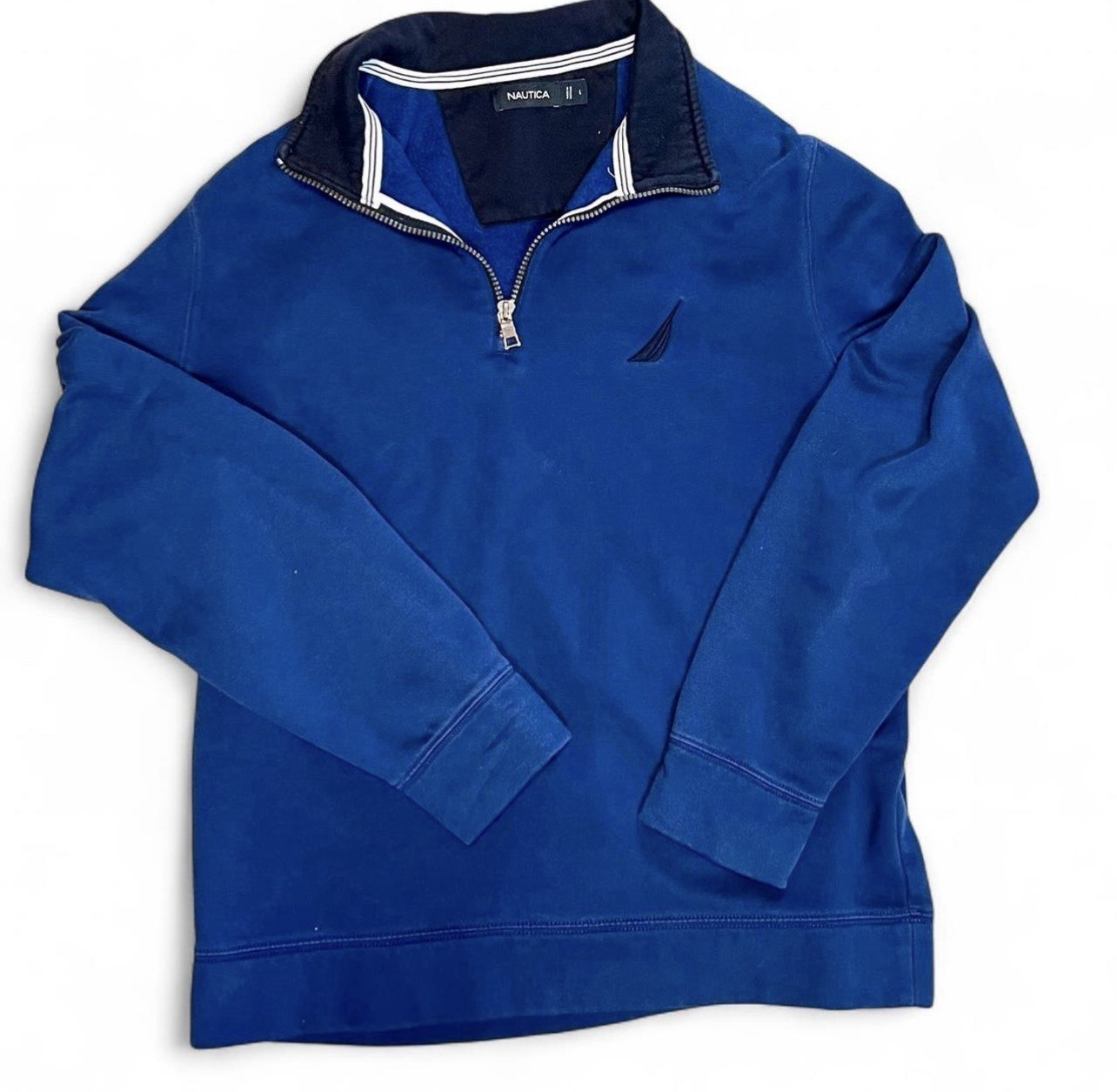 Nautica Logo Quarter Zip Sweater Blue Solid Men's Size Large