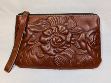 Patricia Nash Cassini Leather Wallet Wristlet Clutch Floral Tooled Cognac Brown